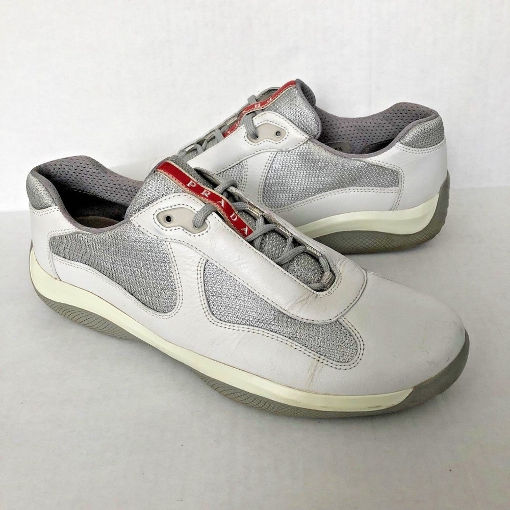 Prada Sneakers  Non-slip White Silver Calf Leather Distressed Used Pradas. - Picture 5 of 8
